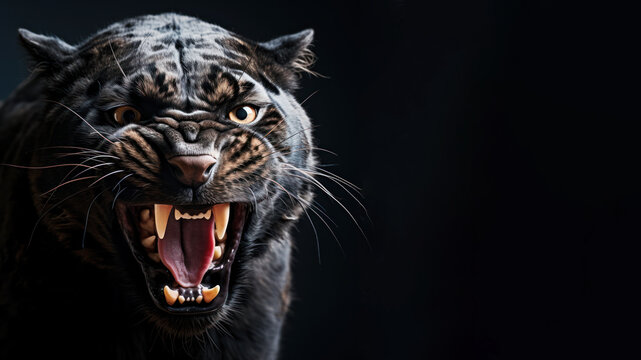 Angry panther roaring ready to attack isolated on gray background
