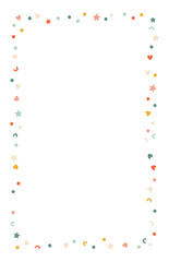 Obraz premium Happy birthday vertical frame template with confetti. Vector illustration in simple hand drawn modern style. Pastel vintage palette. Isolate.