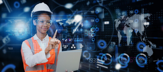 Future building construction engineering and technology project concept. Double exposure African American engineer using digital laptop and smart industry and IOT software to control operation. - obrazy, fototapety, plakaty