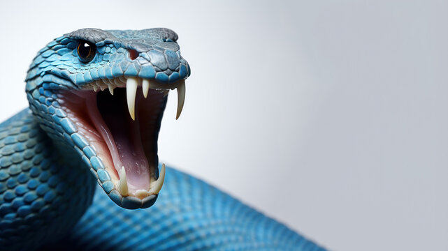 Blue snake with open mouth ready to attack isolated on gray background