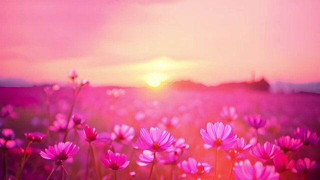 Wild flowers in bloom, pastel colors. Bokeh pink flower background. Paper daisies. Magical purple flower field moving in the wind beauty