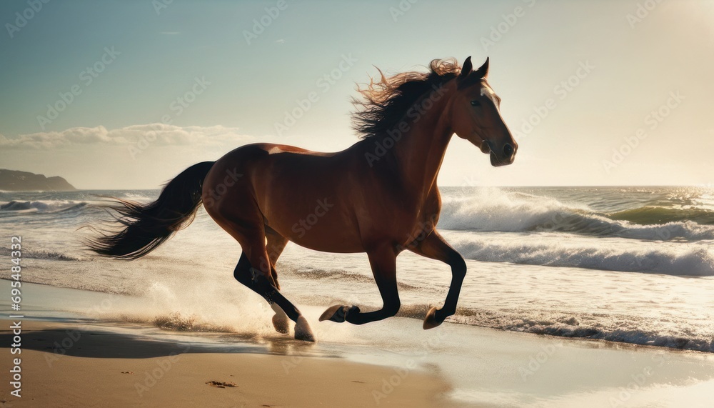 Sticker  a brown horse running along a beach next to a body of water with waves coming in and out of it.