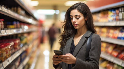 Young woman using smartphone at super shop