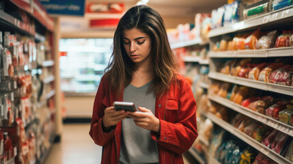 Young woman using smartphone at super shop