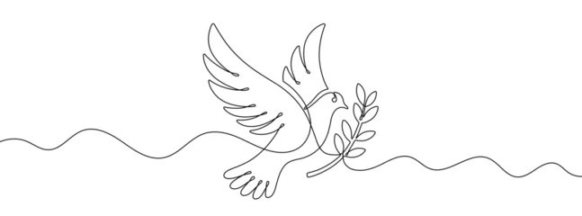Fotobehang Continuous editable line drawing of pigeon with branch. Single line pigeon with branch © chekman