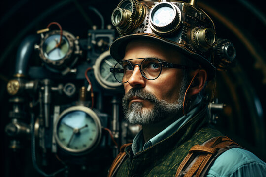 Portrait made with generative ai of a man wearing a steampunk costume
