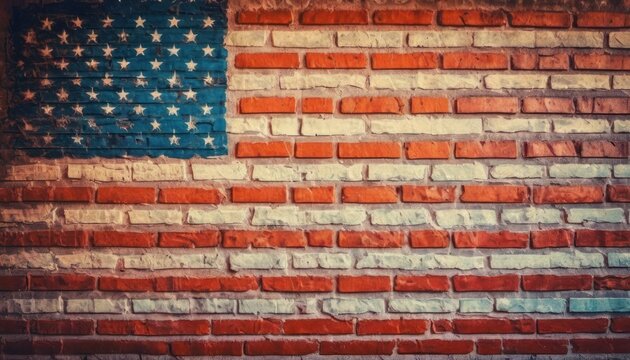 a brick wall with an american flag painted on it and the colors of the american flag are red, white, and blue.