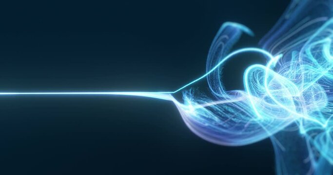 A single luminous data stream divides into multiple strands, symbolizing the branching out of information pathways in a dynamic display of data flow. 3D render, loop