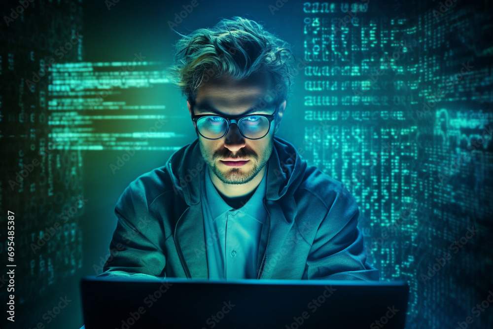 Poster generative ai image portrait of professional successful man working as computer specialist software 