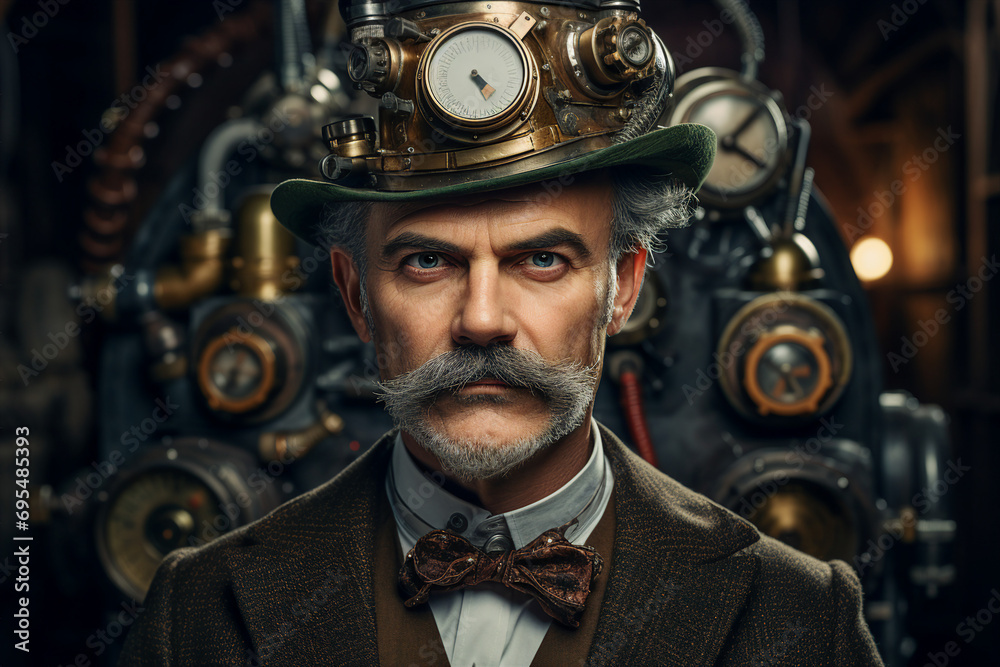Wall mural portrait made with generative ai of a steampunk man wearing victorian old style costume - Wall murals