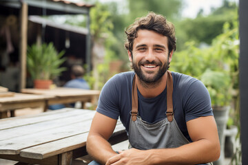 Cheerful attractive man model on city street on summer sunny day generative ai
