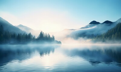 Fototapeta na wymiar Lake Against The Background Of Morning Misty High Mountains 