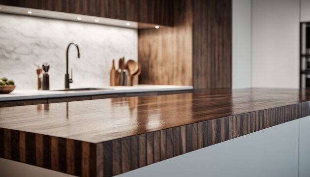  A Wooden Counter Top In A Kitchen With A Sink And A Counter Top With A Bowl Of Fruit On It.