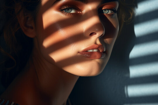 Created with generative AI photo of fashion model girl indoors with sun light sunshine shadow