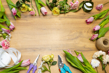 Floristry. Layout of cut flowers. Tools and accessories for making a bouquet.