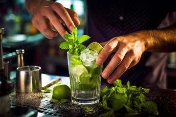 Mojito mixology, close-up of a bartender muddling fresh mint leaves and lime in a shaker, capturing the vibrant colors and textures of the ingredients.