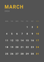 Monthly page Calendar Planner Templates of March 2024. Vector layout of simple calendar with week start Monday for print. Page for size A4 or 21x29.7 cm in dark color