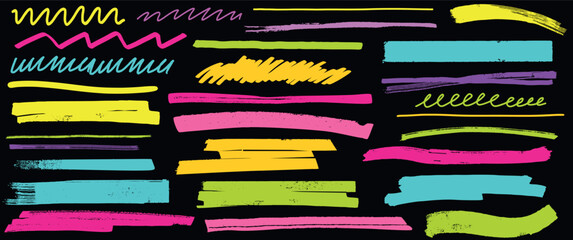 Set of acid color highlighter lines. Hand drawn highlight marker pen underlines, scribbles, stripes or strokes brush on black background. Vector abstract graphic element.