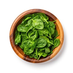 Fresh spinach leaf in wooden bowl on white background