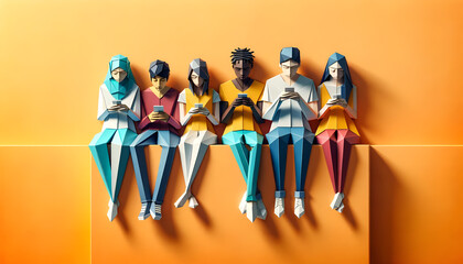Multiracial millennials sharing media on a smartphone against a wall, Origami Style - obrazy, fototapety, plakaty
