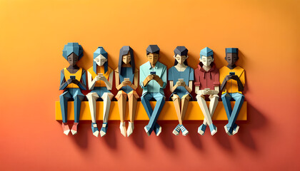 Multiracial millennials sharing media on a smartphone against a wall, Origami Style