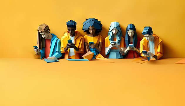 Multiracial millennials sharing media on a smartphone against a wall, Origami Style