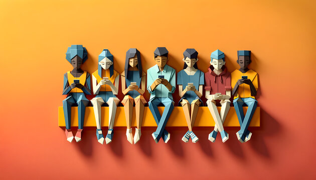Multiracial millennials sharing media on a smartphone against a wall, Origami Style