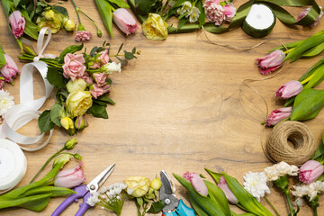 Floristry. Layout of cut flowers. Tools and accessories for making a bouquet.
