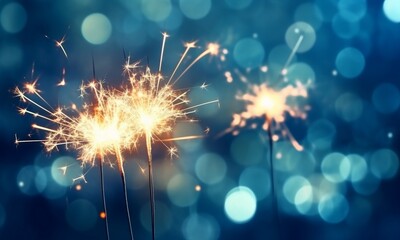 New Year and Christmas party sparklers on blue bokeh background