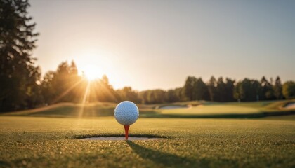  a golf ball sitting on top of a red tee in the middle of a green field with trees in the background. - obrazy, fototapety, plakaty