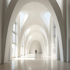 a person walking in modern architectural building