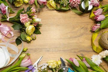 Floristry. Layout of cut flowers. Tools and accessories for making a bouquet.