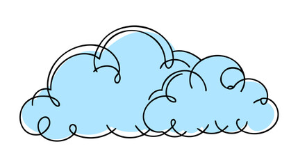 Continuous one line drawing of clouds. Blue cloud on white background. Vector illustration.