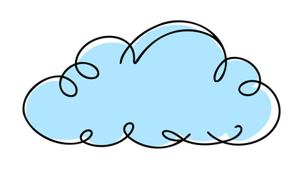 Continuous one line drawing of clouds. Blue cloud on white background. Vector illustration.