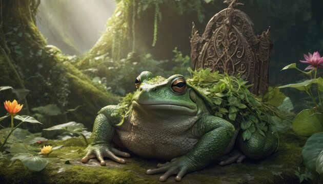  a green frog sitting on top of a moss covered ground in front of a forest filled with plants and flowers.