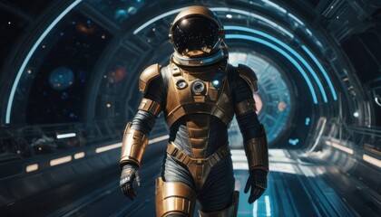  a man in a space suit walking through a tunnel in a sci - fi