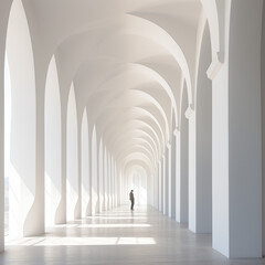 a person walking in modern architectural building