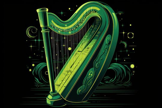  a green harp sitting in the middle of a night sky with stars and a moon in the middle of the image, with a black background of the moon and stars.