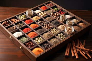 Indian spices in wooden box - obrazy, fototapety, plakaty