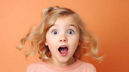 Cute little girl surprised face looking at camera - obrazy, fototapety, plakaty