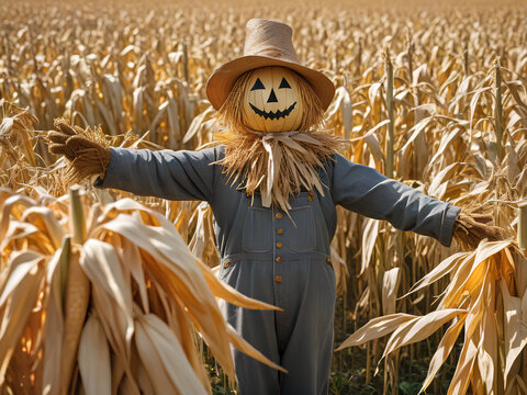 Harvest Sentinel: A Smiling Scarecrow Amidst Golden Fields