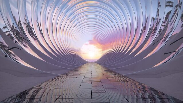 Peaceful landscape with passway through glass arches. 3D render animation