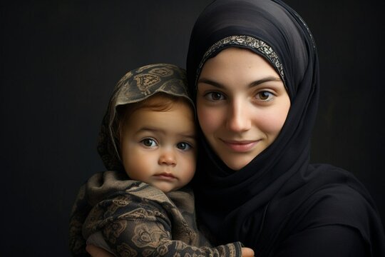 A young Muslim European woman holding a baby in her arms. Mom and daughter. Motherhood and love. On a black background. Generative AI