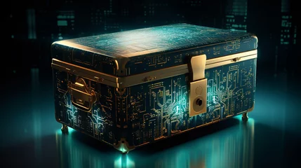 Fotobehang digitally locked futuristic treasure chest filled with encrypted codes © 1st footage