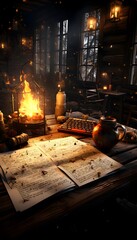 Old magic book by the fire in the dark. Halloween concept.