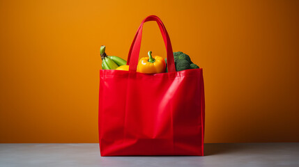 stylish modern reusable shopping bag, grocery items, sleek kitchen counter, eco-friendly,...