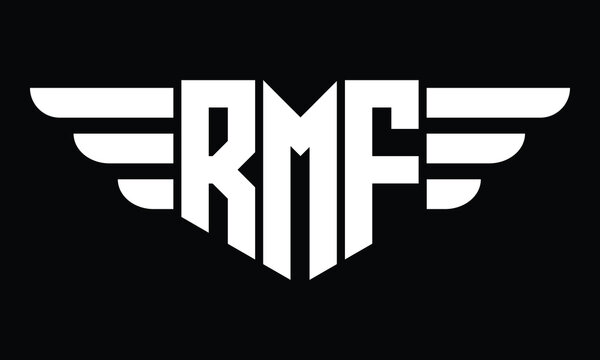 RMF three letter logo, creative wings shape logo design vector template. letter mark, wordmark, monogram symbol on black & white.	