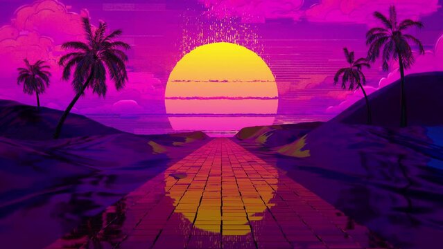 Synthwave landscape with glitch and digital noise effect. 3D render animation