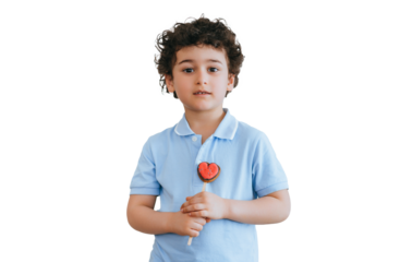 Handsome little curly boy in polo holding cookie made in heart shape looks at camera standing against transparent background. mothers day, grateful kid. Love  concept.
