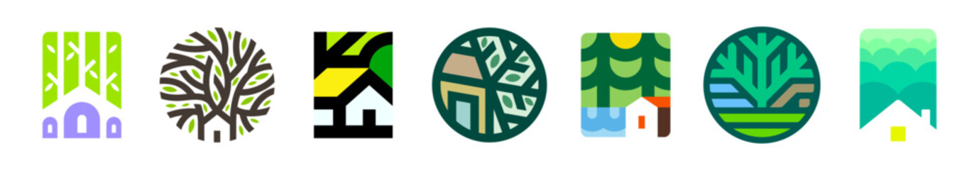 House or apartment under big old tree. Simple vector logo mark template or icon of building for modern real estate company or cozy home family guest house hotel